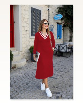 Kadın Uzun Kollu V Yakalı Yandan Yırtmaçlı Iki Iplik Midi Elbise