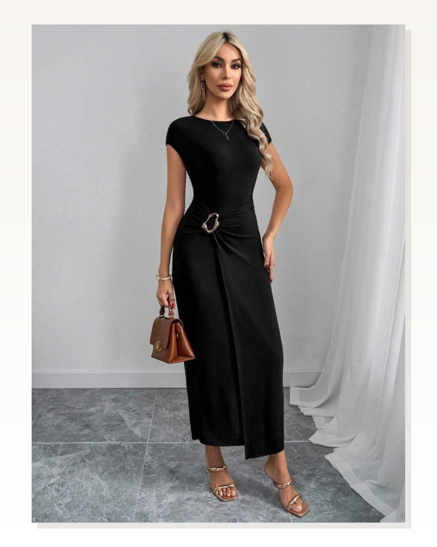 Kadın Yarım Ay Kollu Yuvarlak Yaka önünde Toka Detaylı Modal Maxi Elbise Marketplace blank