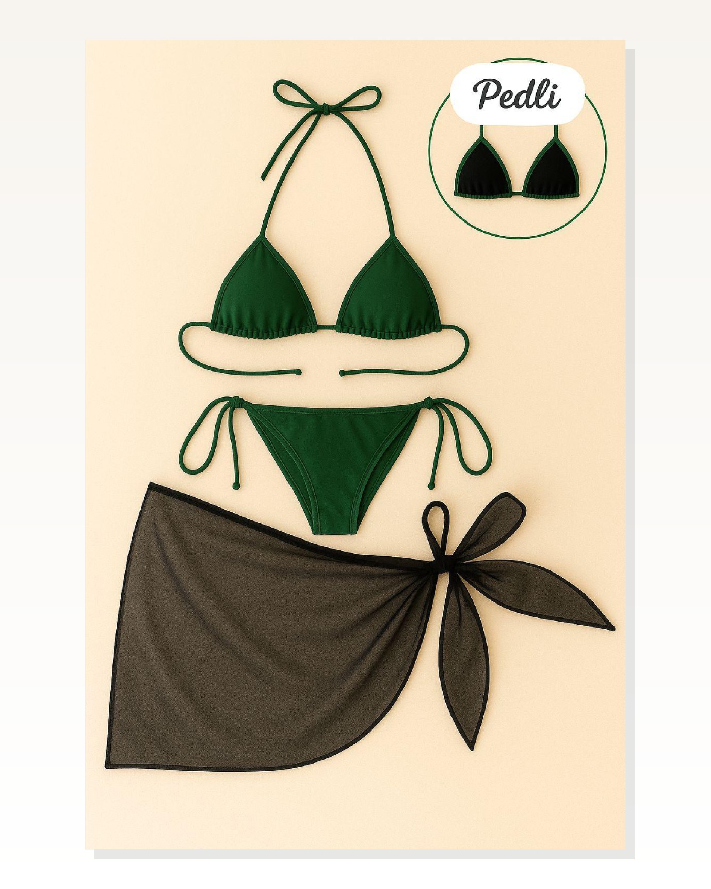 Kadın Yeşil Siyah Pareolu Yandan ve Boyundan Bağlamalı 3'lü Bikini Takımı Marketplace blank