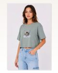 Kedi Baskılı Oversize Crop Tişört Salaş Basic Yarım Kol T-shirt Mint Yeşili