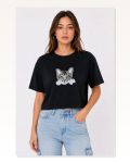 Kedi Baskılı Oversize Crop Tişört Salaş Basic Yarım Kol T-shirt – Siyah Marketplace