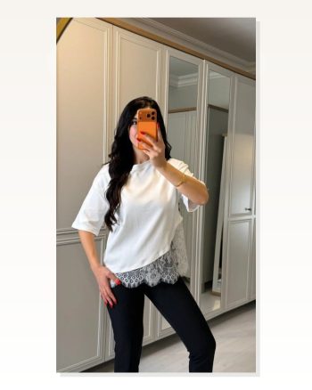 Kısa Kollu Bısıklet Yakalı Dantel Detaylı Vıskon Ikı Iplık Bluz