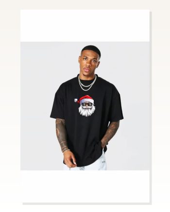 Yılbaşı Gözlüklü Noel Baba Baskılı Kısa Kollu Oversize Bisiklet Yaka T-shirt Siyah