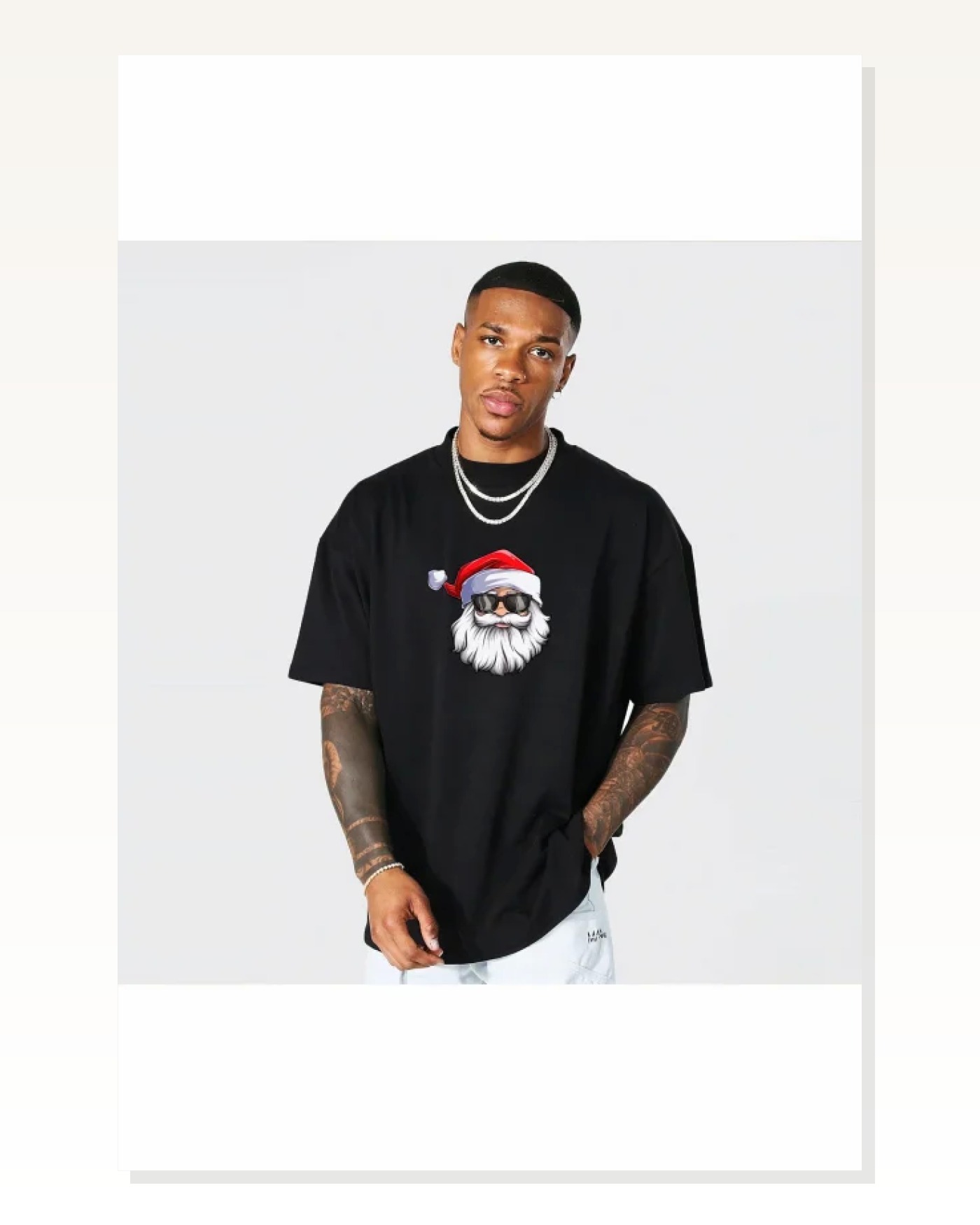 Yılbaşı Gözlüklü Noel Baba Baskılı Kısa Kollu Oversize Bisiklet Yaka T-shirt - Siyah Marketplace