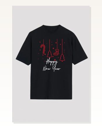 Yılbaşı Happy New Year Baskılı Kısa Kollu Oversize Bisiklet Yaka T-shirt Siyah