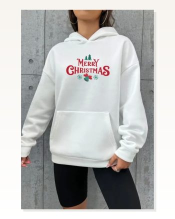 Yılbaşı Merry Christmas Baskılı Oversize Kapüşonlu Sweatshirt Hoodie Beyaz