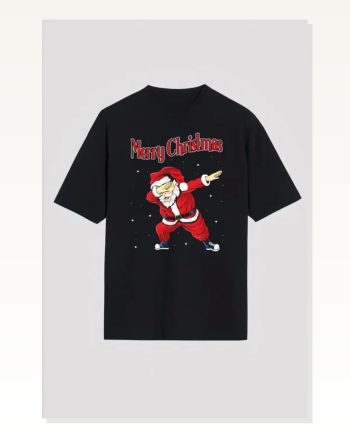 Yılbaşı Merry Christmas Noel Baba Baskılı Oversize Bisiklet Yaka T-shirt Siyah