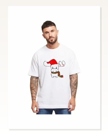 Yılbaşı Noel Ren Geyiği Baskılı Kısa Kollu Oversize Bisiklet Yaka T-shirt Beyaz