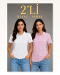 2li Polo Yaka Pike Kumaş Düğmeli Basic Tişört Günlük Rahat Kesim – Beyaz, Pembe Marketplace