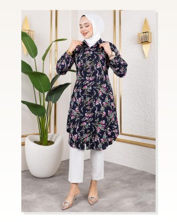 Asel Çiçekli Viskon Tunik LACİVERT