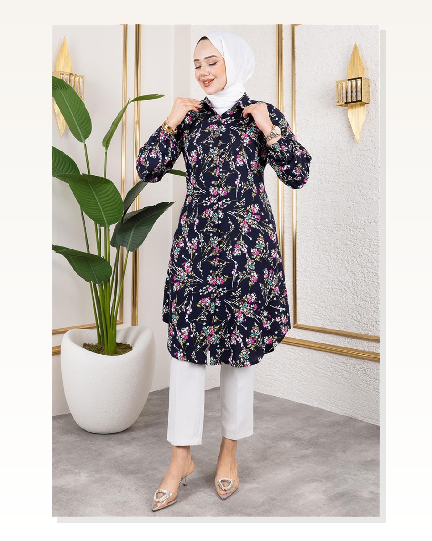 Asel Çiçekli Viskon Tunik LACİVERT Marketplace blank