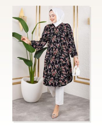 Asel Çiçekli Viskon Tunik Siyah