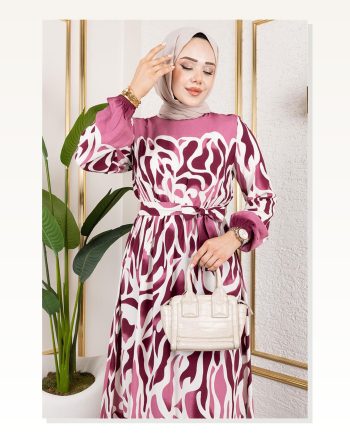 Batik Desenli Tesettür Elbise Mürdüm