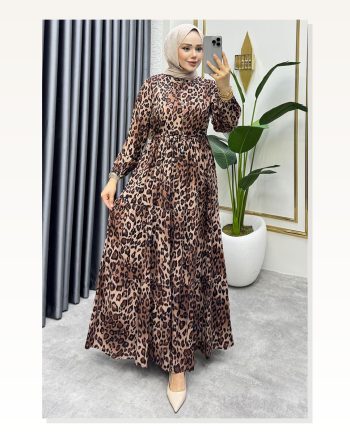 Beli Tünelli Leopar Elbise Kahverengi
