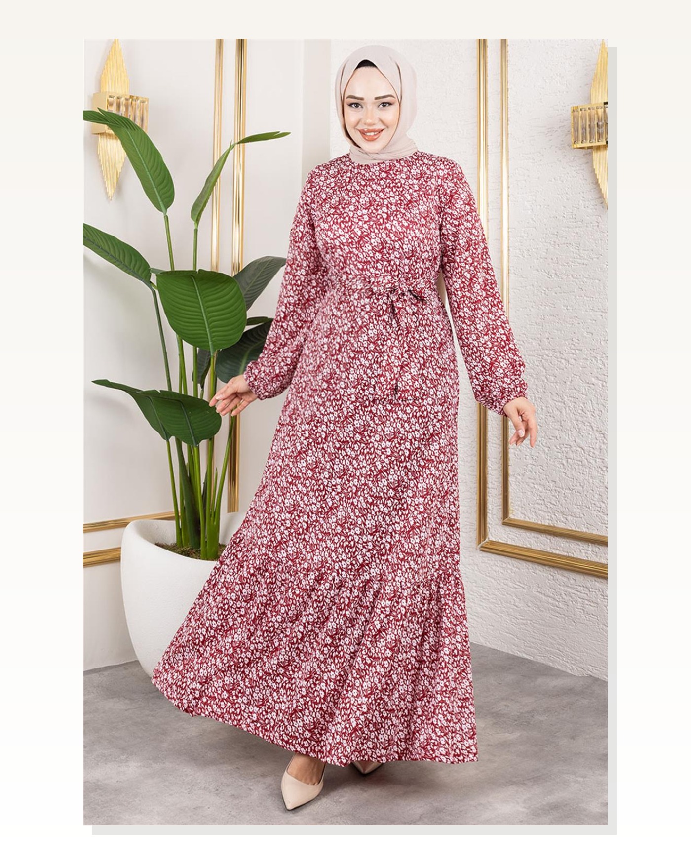 Çiçek Desenli Tesettür Elbise BORDO Marketplace blank