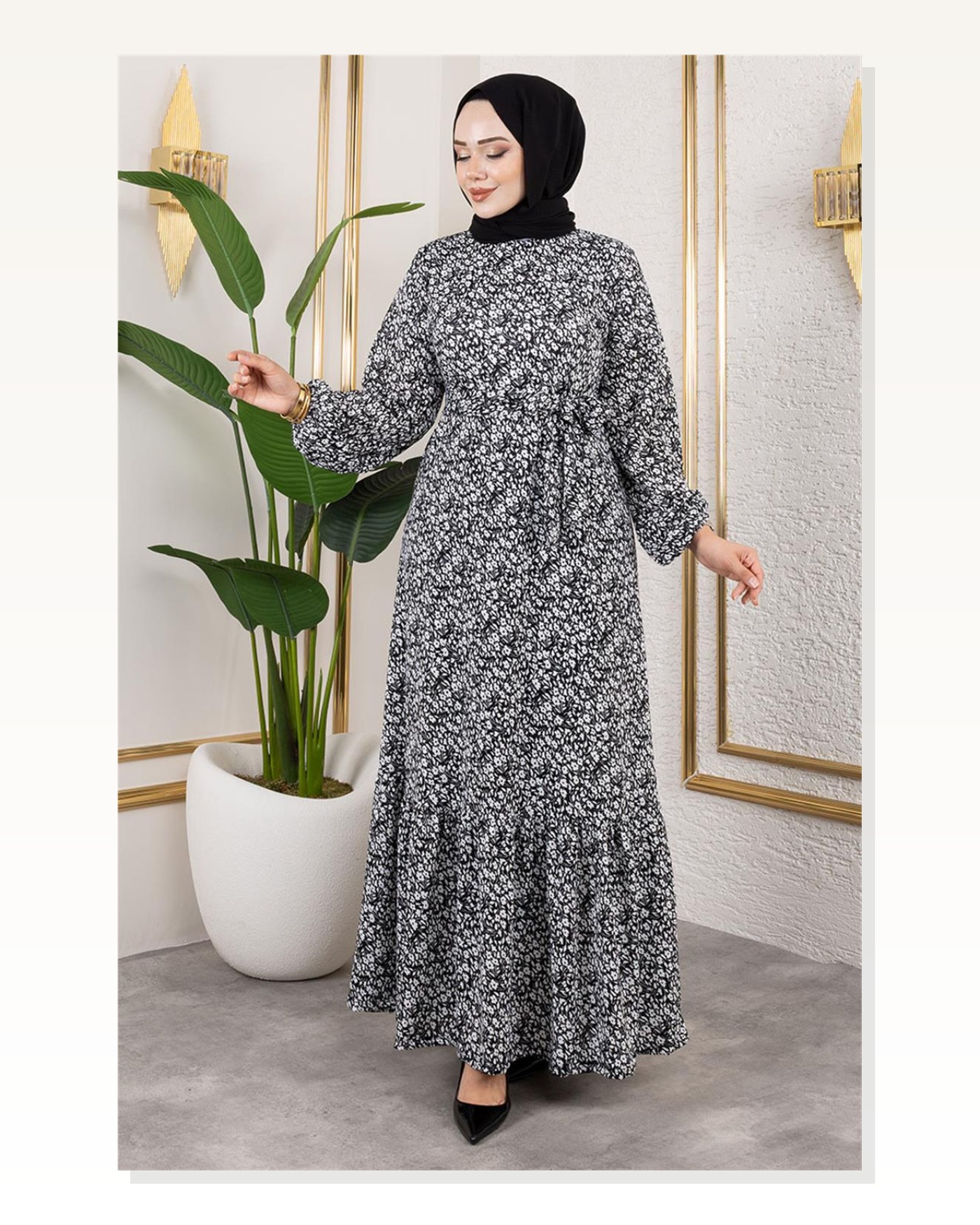 Çiçek Desenli Tesettür Elbise SİYAH Marketplace blank