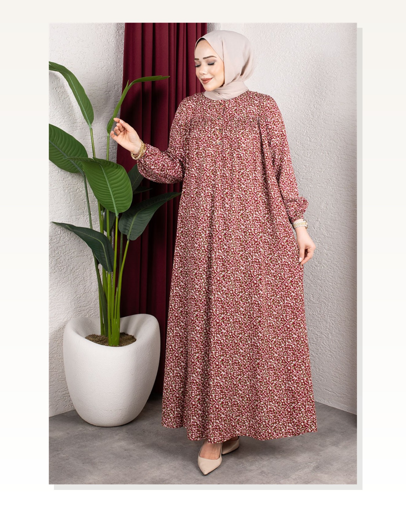Çiçek Desenli Viskon Elbise BORDO Marketplace blank