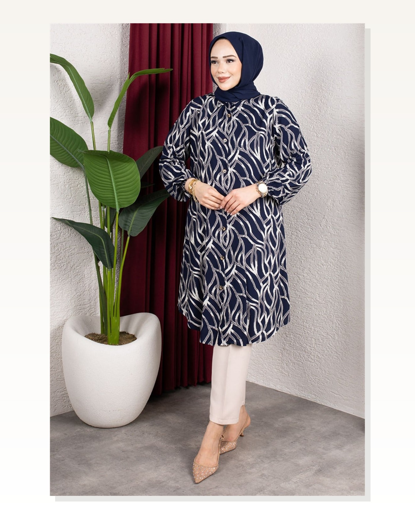 Desenli Boydan Düğmeli Tunik LACİVERT Marketplace blank
