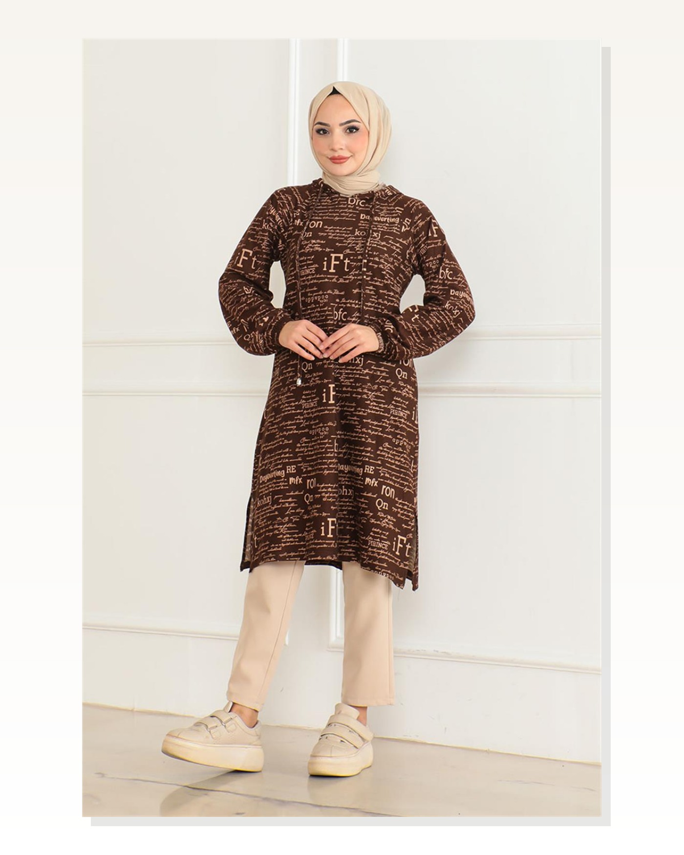 Desenli Kapşonlu Spor Tunik KAHVE VİZON Marketplace blank