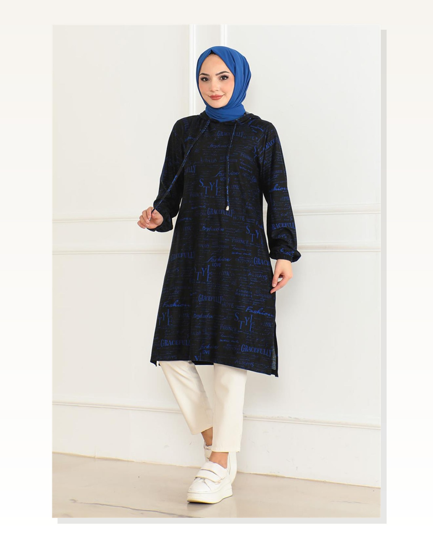 Desenli Kapşonlu Spor Tunik SAKS Mavisi Siyah Marketplace blank