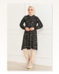 Desenli Kapşonlu Spor Tunik SİYAH VİZON Marketplace