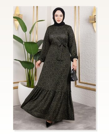 Desenli Tesettür Elbise Haki