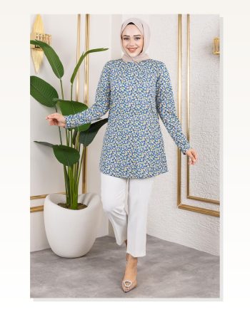 Desenli Tesettür Tunik İndigo