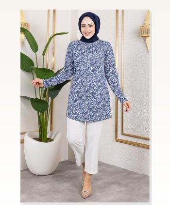 Desenli Tesettür Tunik Lacivert