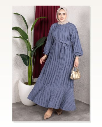 Eteği Fırfırlı Kuşaklı Elbise KOYU Gri