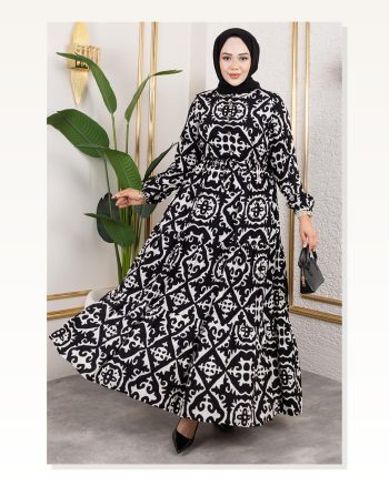 Etnik Desenli Viskon Elbise Siyah