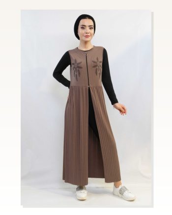 Fashionable Çizgi Stone Embroidered Pleated Vest Mink MC727