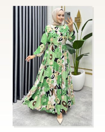 Flora Desenli Viskon Elbise Yeşil