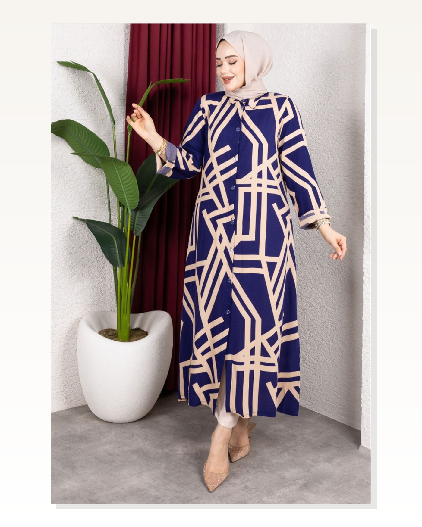 Geometrik Desen Uzun Viskon Tunik LACİVERT Marketplace blank