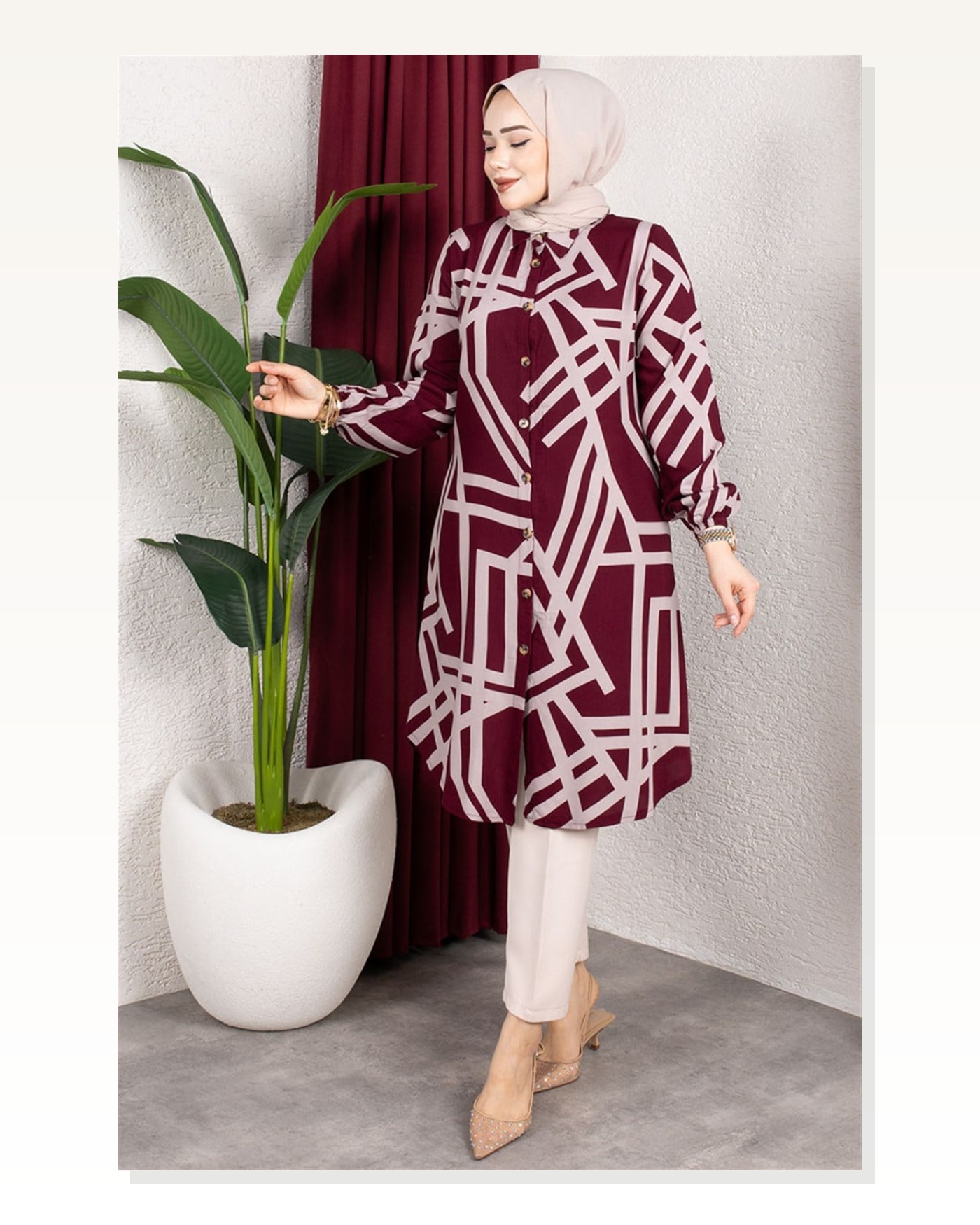 Geometrik Desen Viskon Tunik KOYU BORDO Marketplace blank