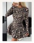 Kadın Uzun Kollu Balıkçı Yaka Fırfırlı Leopar Desenli Modal Elbise