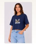 Kedi Baskılı Oversize Crop Tişört Salaş Basic Yarım Kol T-shirt Lacivert