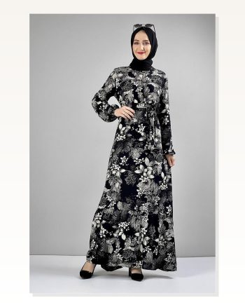 Kemerli Desenli Tesettür Elbise Siyah