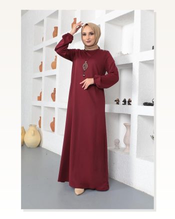 Kolyeli Bisiklet Yaka Tesettür Elbise BORDO