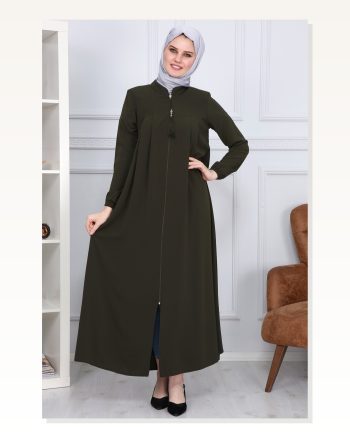 Medina Silk Hijab Pleat Detailed Abaya MS-0165 Khaki