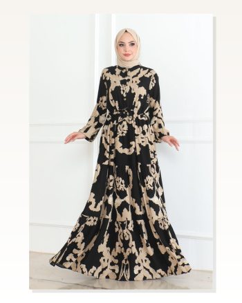 Mina Desenli Tesettür Elbise Siyah