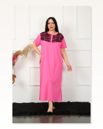 Moda Çizgi Big Dantelli Kısa Kol Fuşya Anne Gecelik 1348