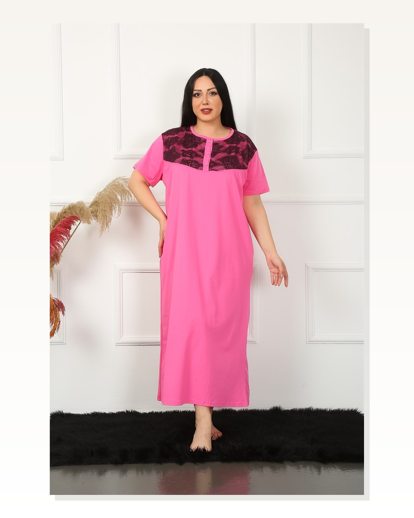 Moda Çizgi Big Dantelli Kısa Kol Fuşya Anne Gecelik 1348 Marketplace blank
