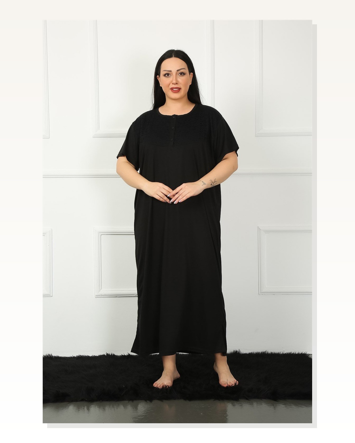 Moda Çizgi Big Dantelli Kısa Kol Siyah Anne Gecelik 1348 Marketplace blank