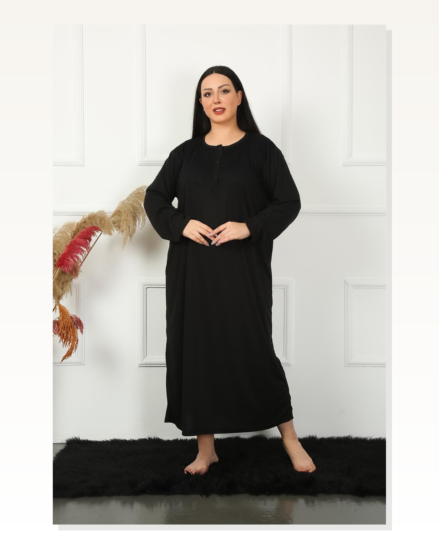 Moda Çizgi Big Uzun Kol Dantelli Siyah Anne Gecelik 1355 Marketplace blank