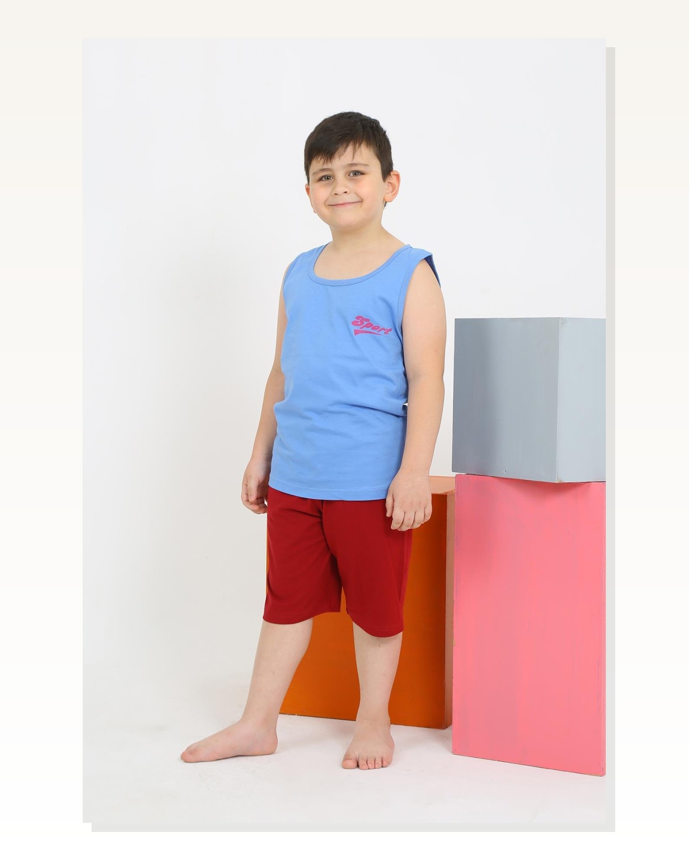 Moda Çizgi Boy's Zero Sleeve Blue Combed Cotton Pajama Set with Shorts 20434 Marketplace blank