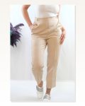 Moda Çizgi Button Accessory High Waist Trousers Beige
