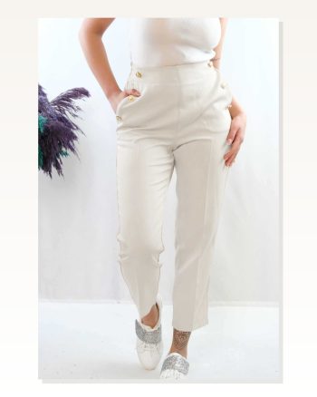 Moda Çizgi Button Accessory High Waist Trousers Ecru