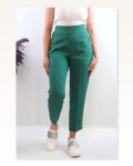 Moda Çizgi Button Accessory High Waist Trousers Emerald