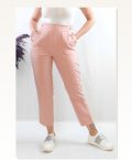 Moda Çizgi Button Accessory High Waist Trousers Powder