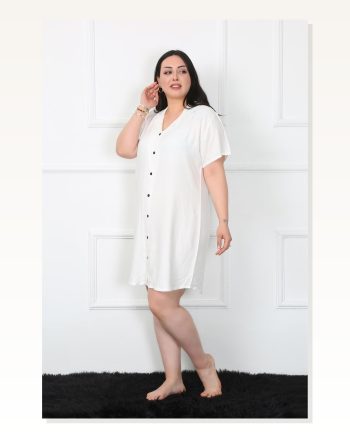 Moda Çizgi Büyük Beden Dokuma Düğmeli Beyaz Tunik Gecelik 1022